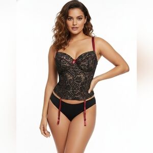 Adore Me Black Lace Bustier with Red Details Size 38 F.